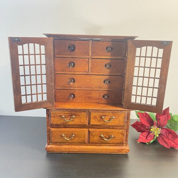 Vintage Wood Jewelry Box, 10 Drawers, Miniature Hutch Display Storage, Spice Cab - Picture 2 of 10